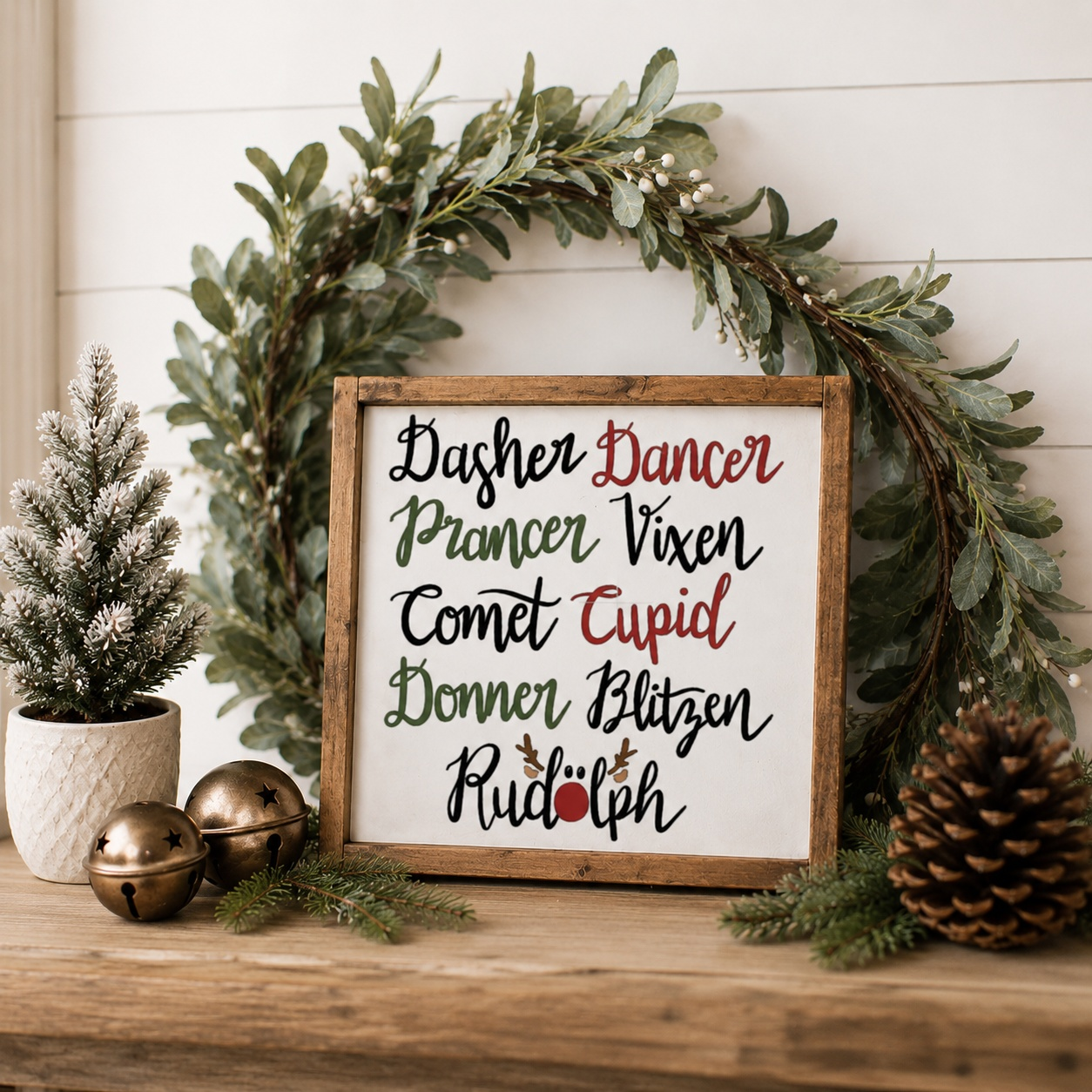 Christmas Reindeer Names Rustic Wood Sign