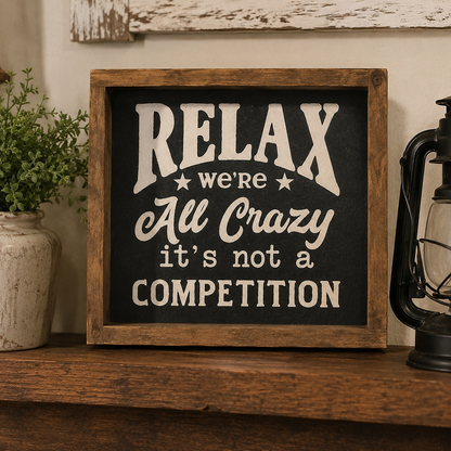 Decorative sign with text 'Relax, we're all crazy, it's not a competition' on a wooden surface.