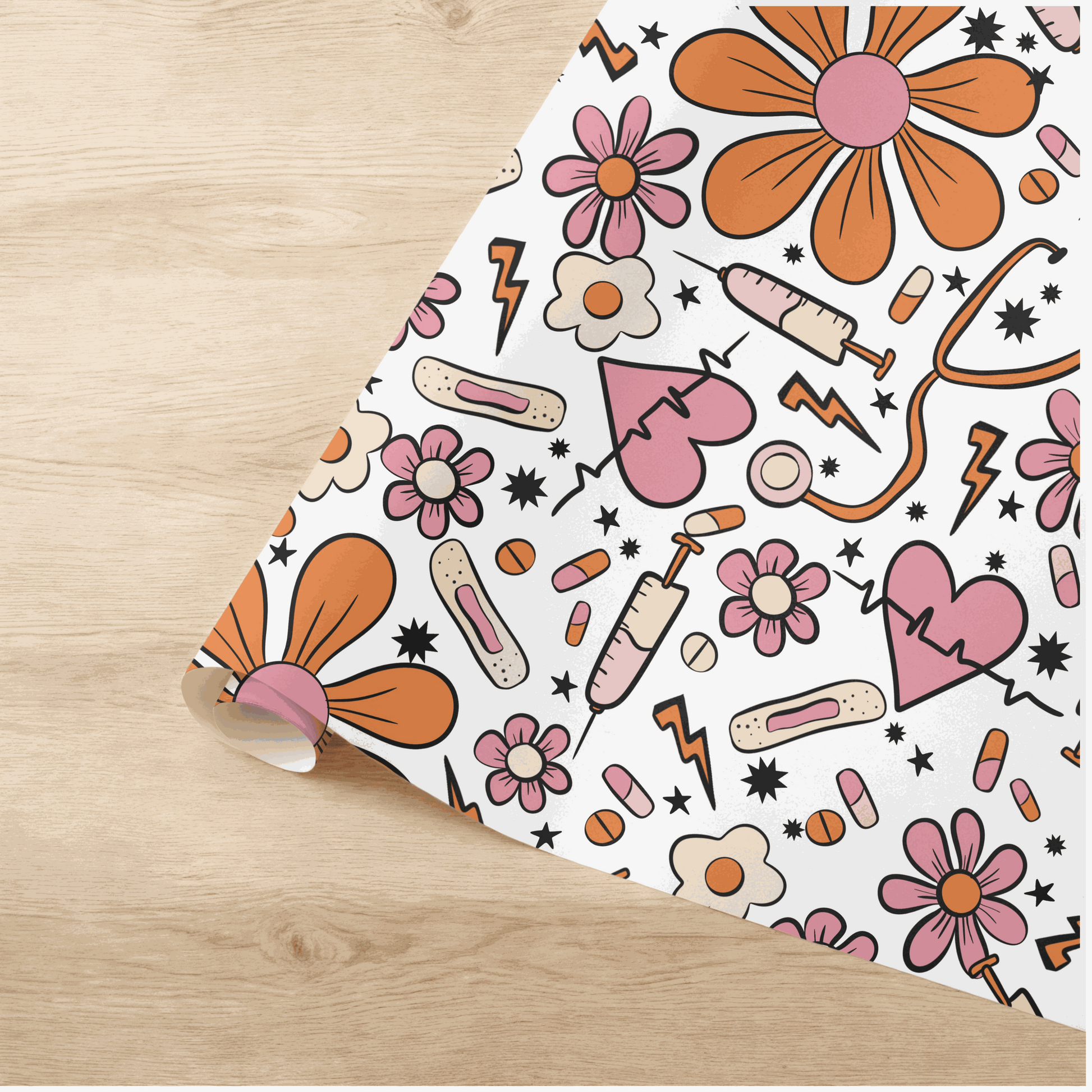 Nurse themed gift wrapping paper with medical icons and flowers.