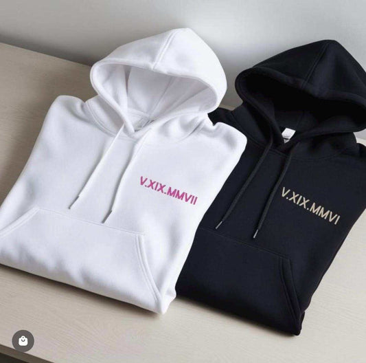 Custom embroidered hoodie with Roman numerals for special dates and milestones