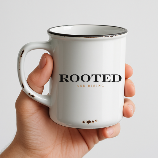 White mug with 'ROOTED AND RISING' text held by a hand against a light gray background