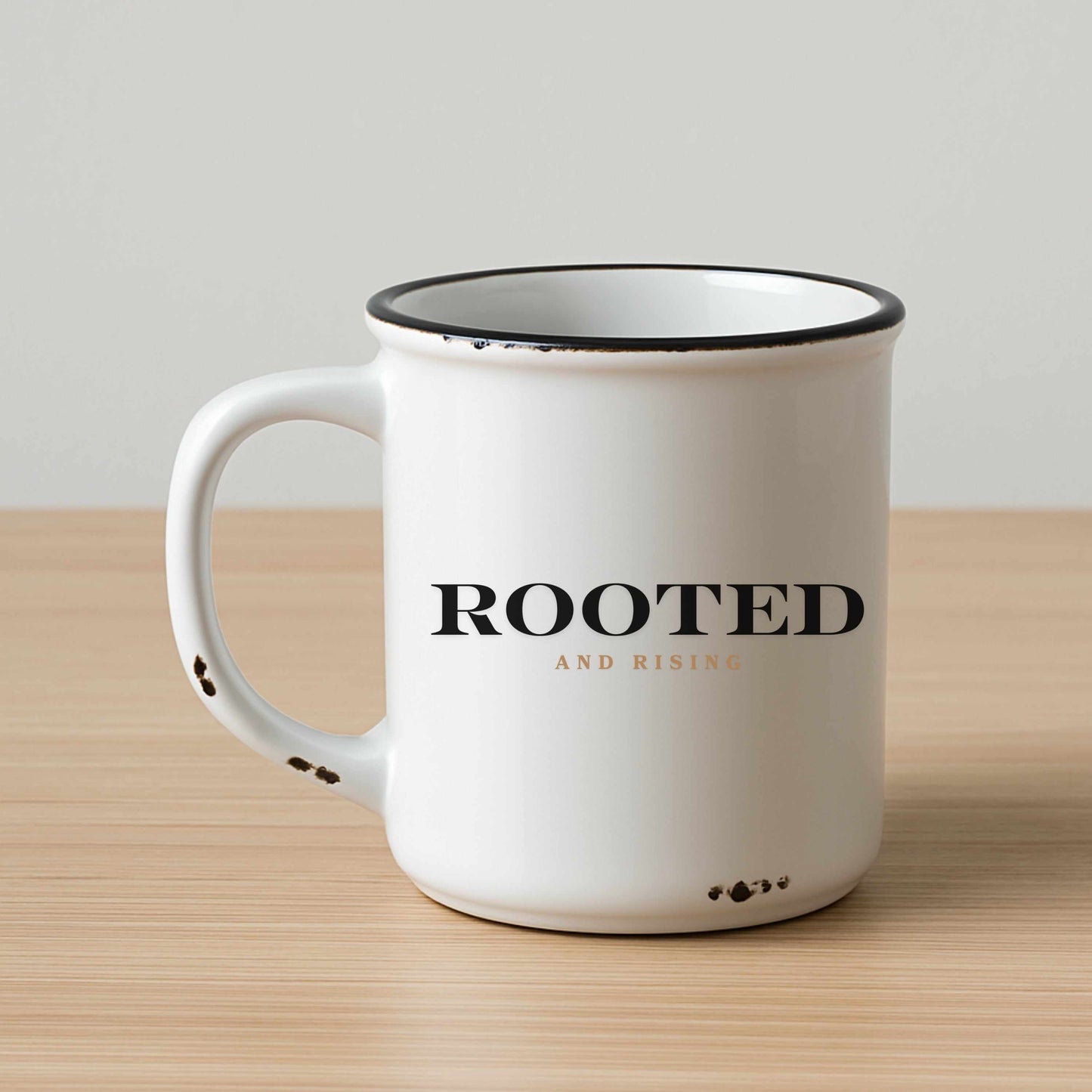 Rooted and Rising 15oz white enamel mug with permanent vinyl design, dishwasher and microwave safe