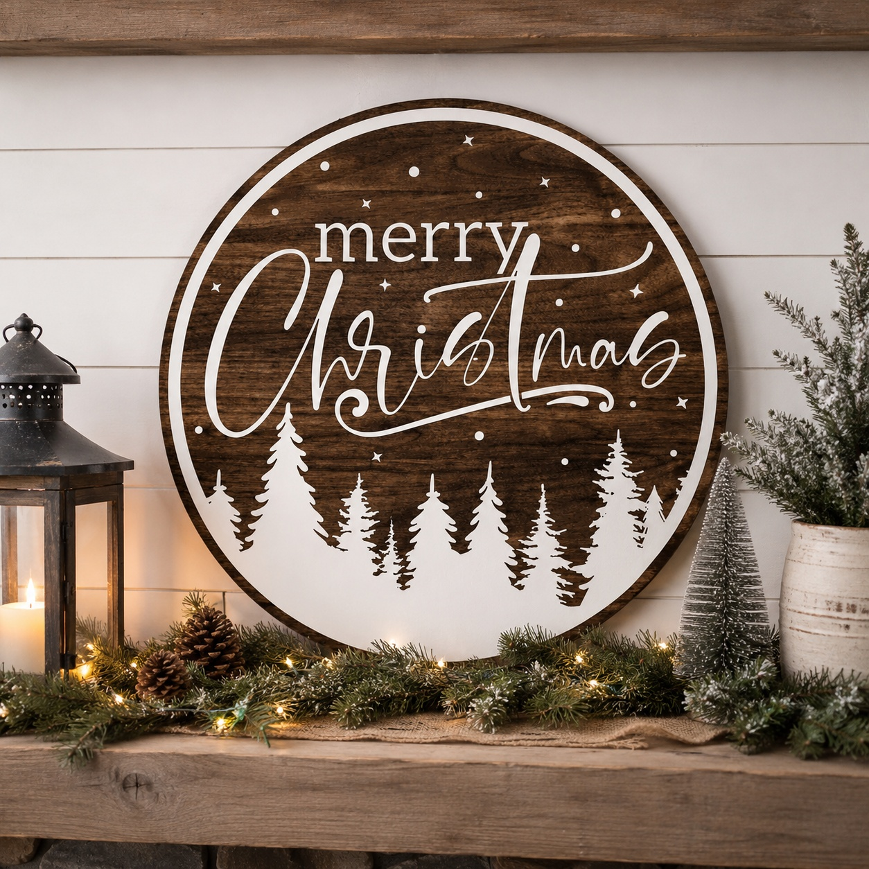 Decorative Christmas sign with 'merry Christmas' text and trees on a wooden surface with festive decorations.