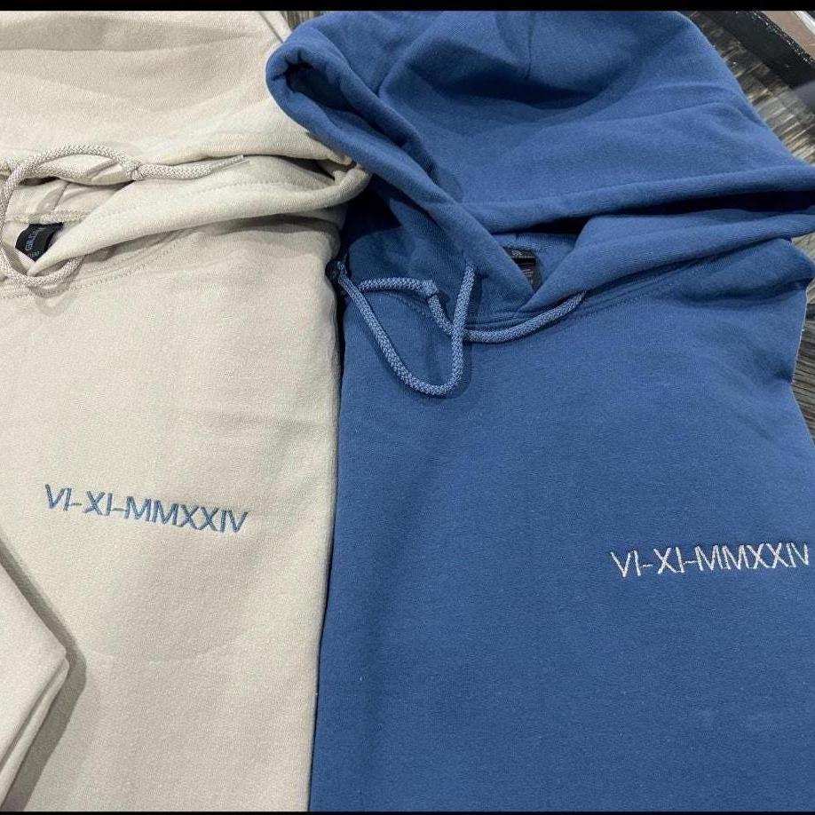 Custom embroidered hoodie with Roman numeral design for special dates