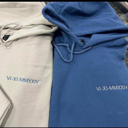 Custom embroidered hoodie with Roman numeral design for special dates