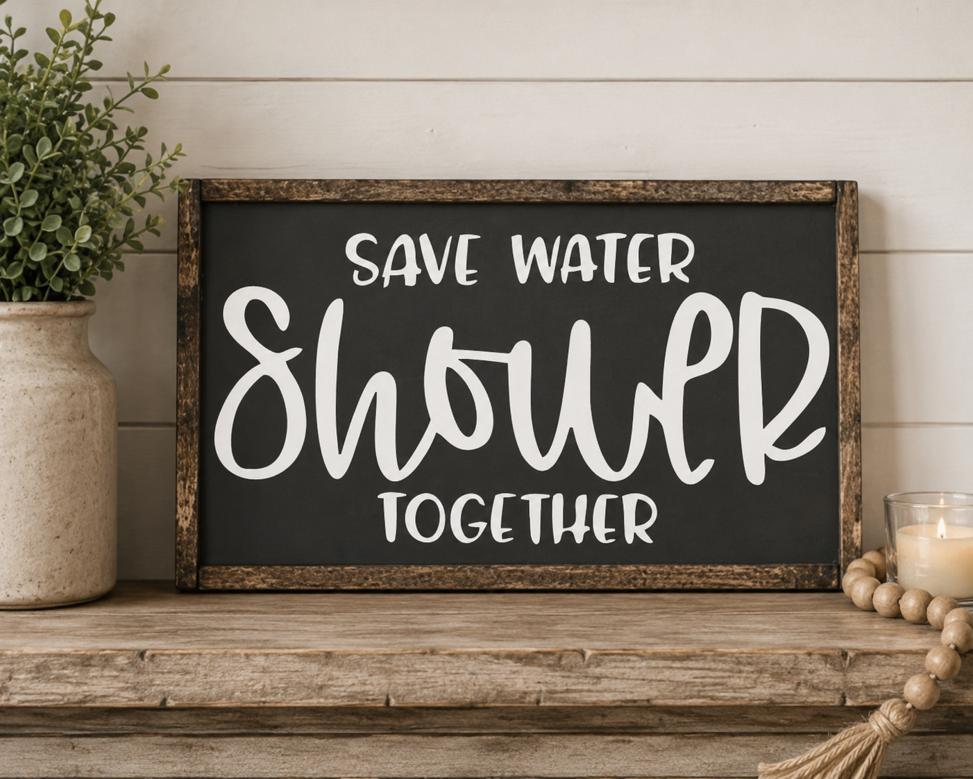 Decorative sign with 'Save Water Shower Together' text on a wooden shelf.