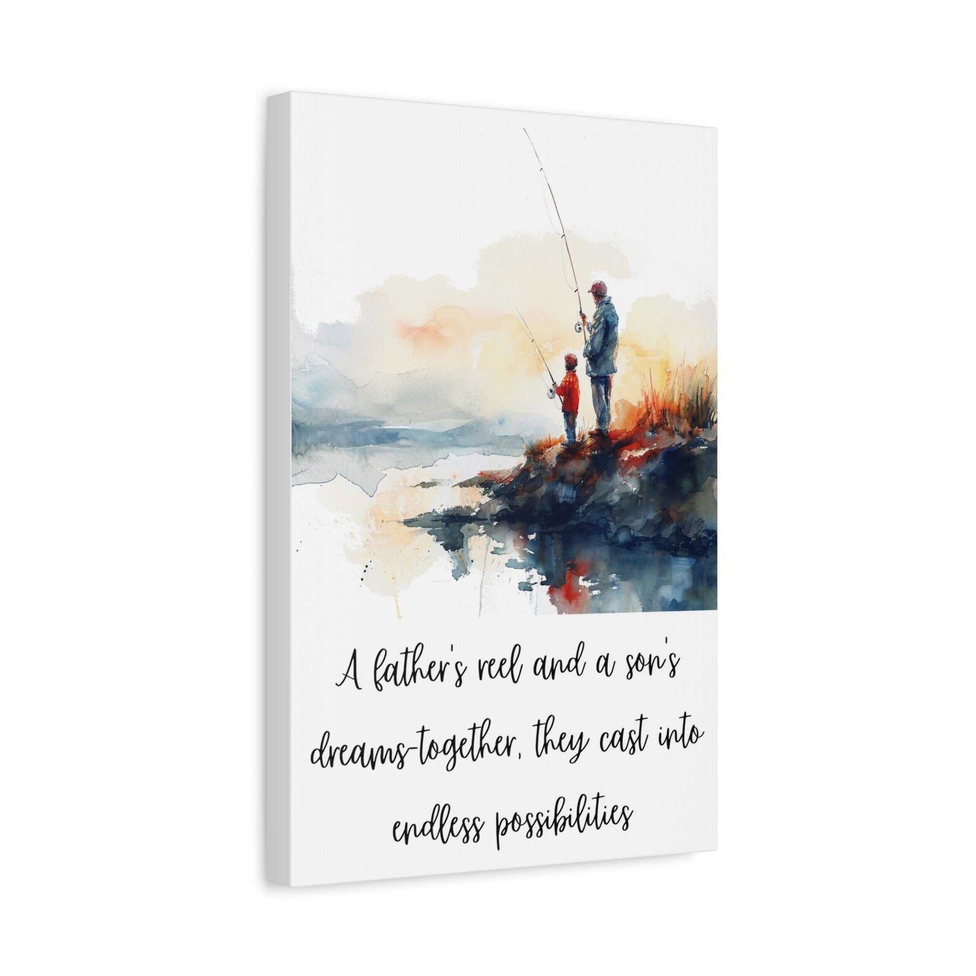 Inspirational fishing canvas art for father and son, featuring sunrise scene and touching quote, perfect for Father’s Day or home decor.