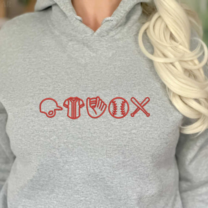Unisex custom embroidered baseball hoodie with minimalist design featuring icons like helmet, jersey, glove, ball, and bats on gray fabric.