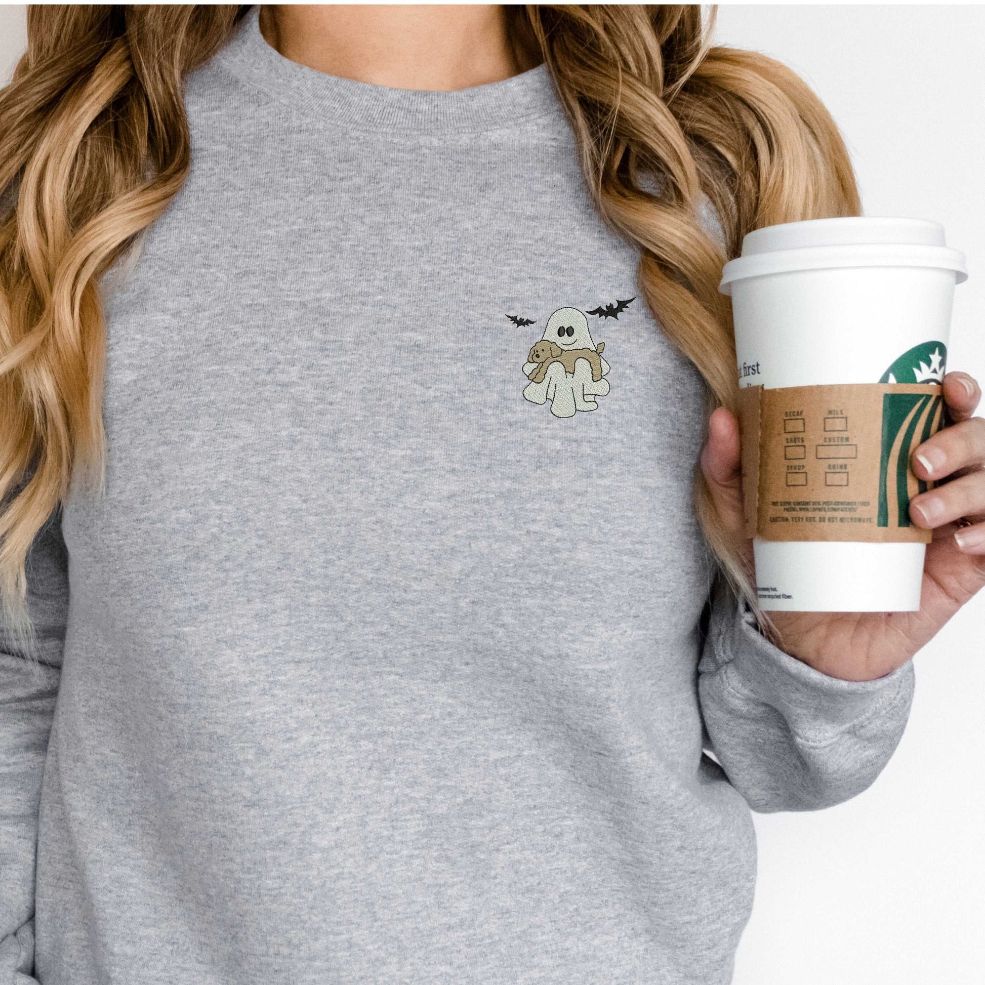 Halloween crewneck with ghost and dog embroidery, unisex sweatshirt for spooky season.