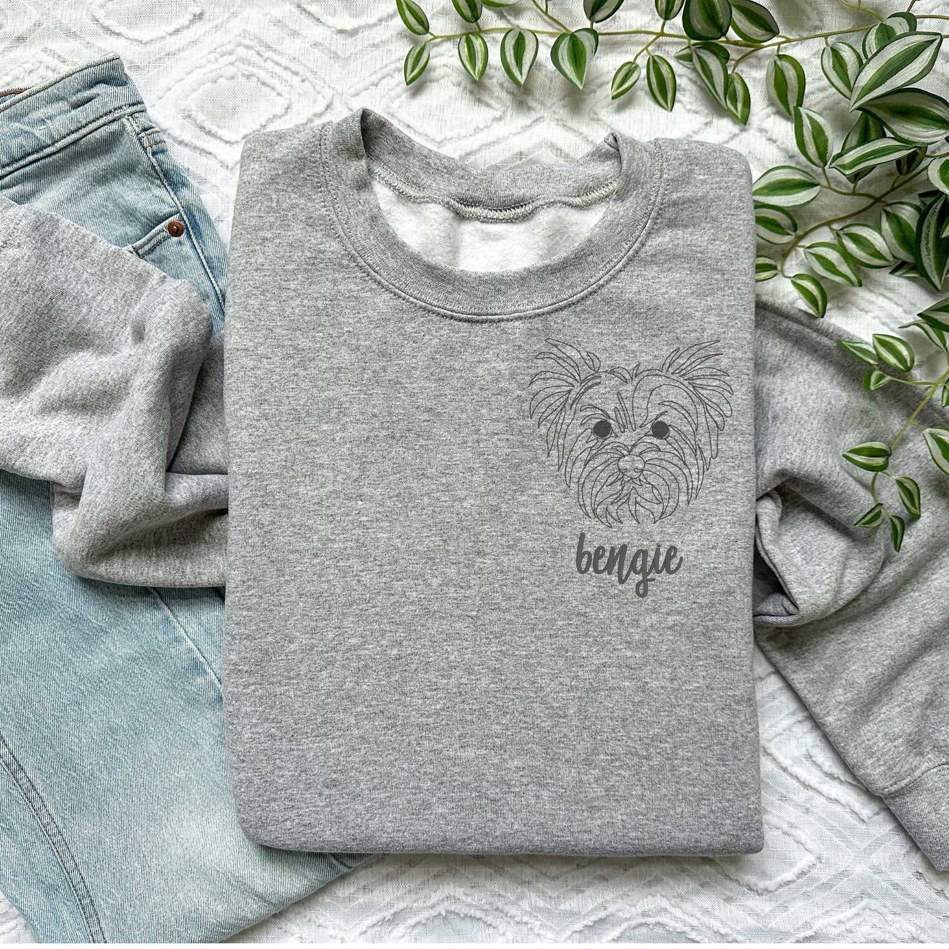 Gray classic crewneck sweater with custom embroidered Yorkshire Terrier head and name "bengie" in cursive font
