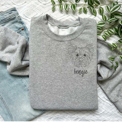 Gray classic crewneck sweater with custom embroidered Yorkshire Terrier head and name "bengie" in cursive font
