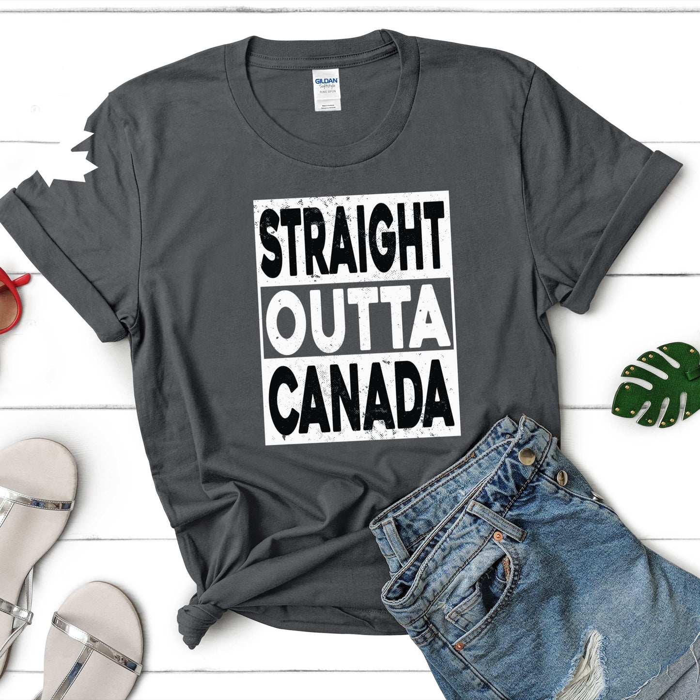 Canada Pride T-Shirt with "Straight Outta Canada" print in dark heather, unisex heavy cotton.