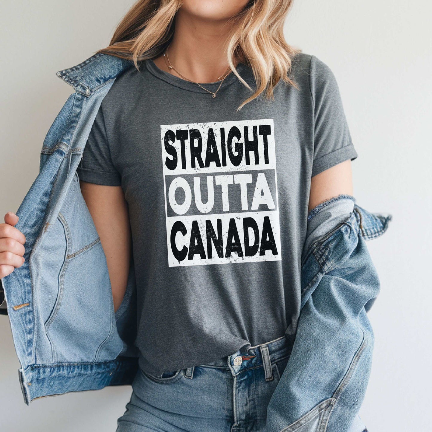 Canada Pride T-Shirt with "Straight Outta Canada" print in charcoal, ideal for tourists and patriotic events.