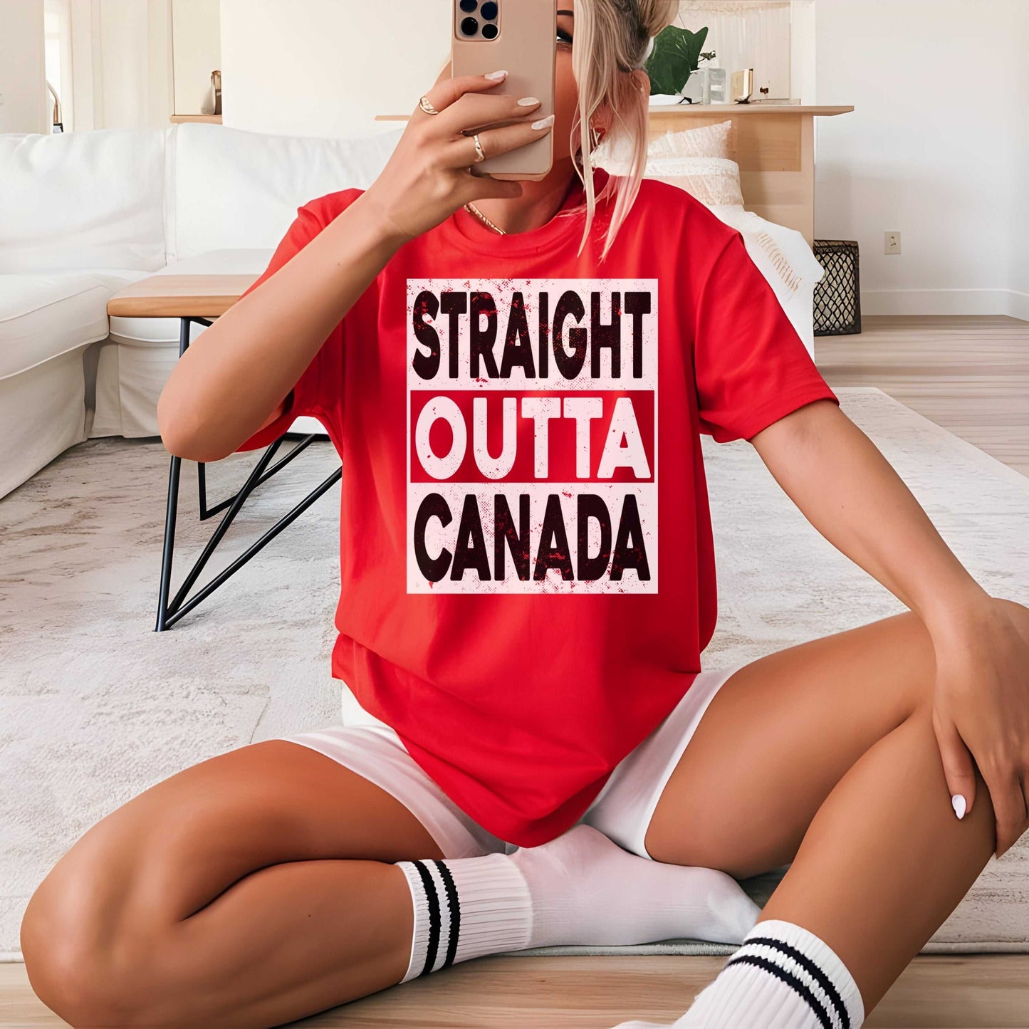 Canada Pride T-Shirt with "Straight Outta Canada" print in red, unisex heavy cotton tee for tourists and sports fans.