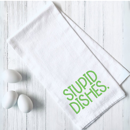 White microfiber Stupid Dishes tea towel with funny saying, 16x24 inches, waffle weave kitchen towel