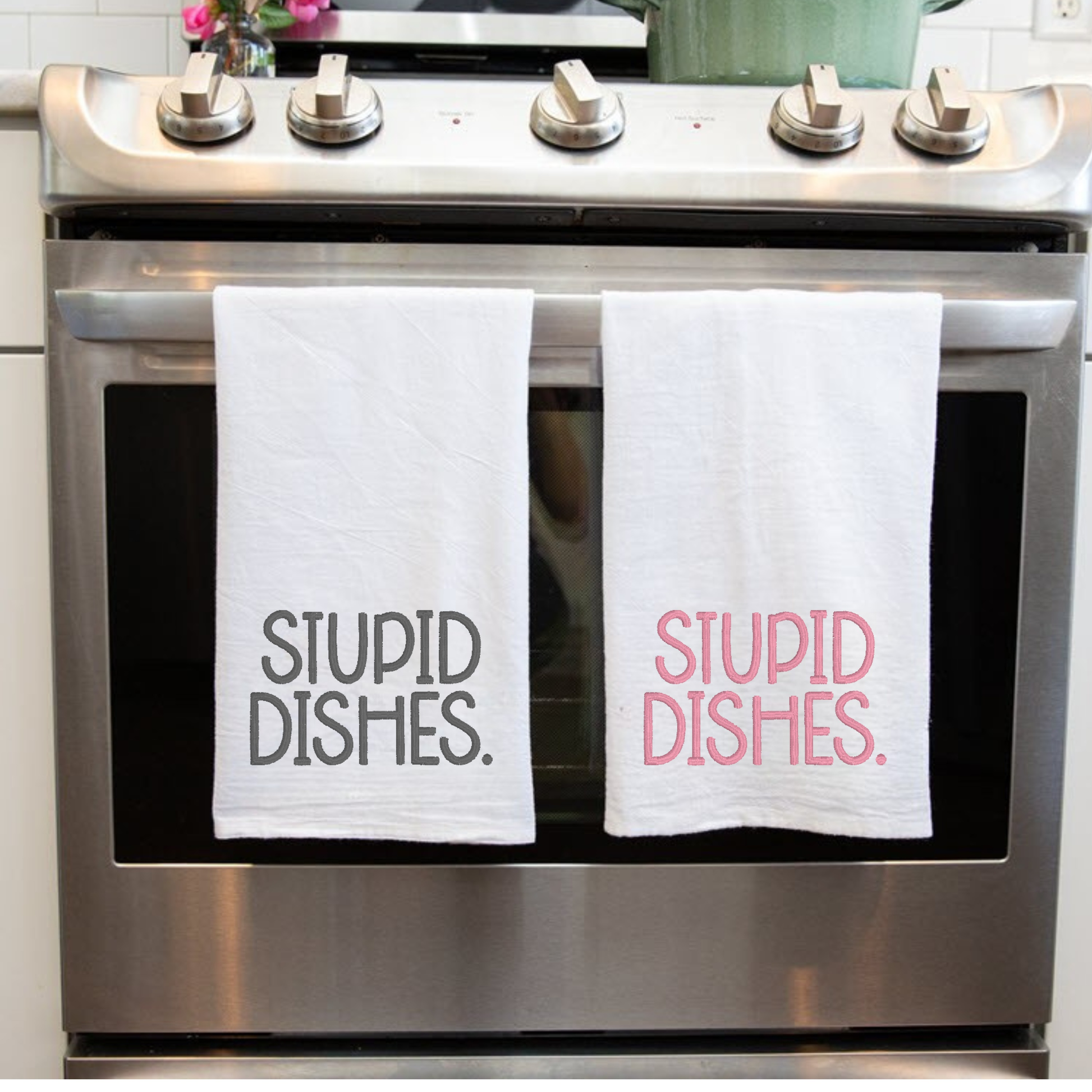 White Stupid Dishes microfiber tea towel with funny saying, 16x24 inch decorative kitchen towel