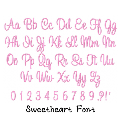 Pink embroidered alphabet and numbers in Sweetheart font for personalized stuffed animal design
