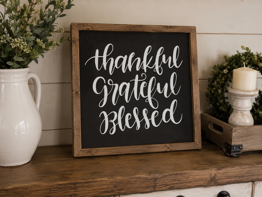 Thankful Grateful Blessed Framed Wood Sign