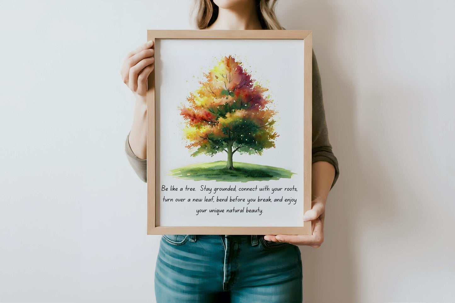 Motivational quote digital wall art with colorful tree illustration for self-care and home decor.