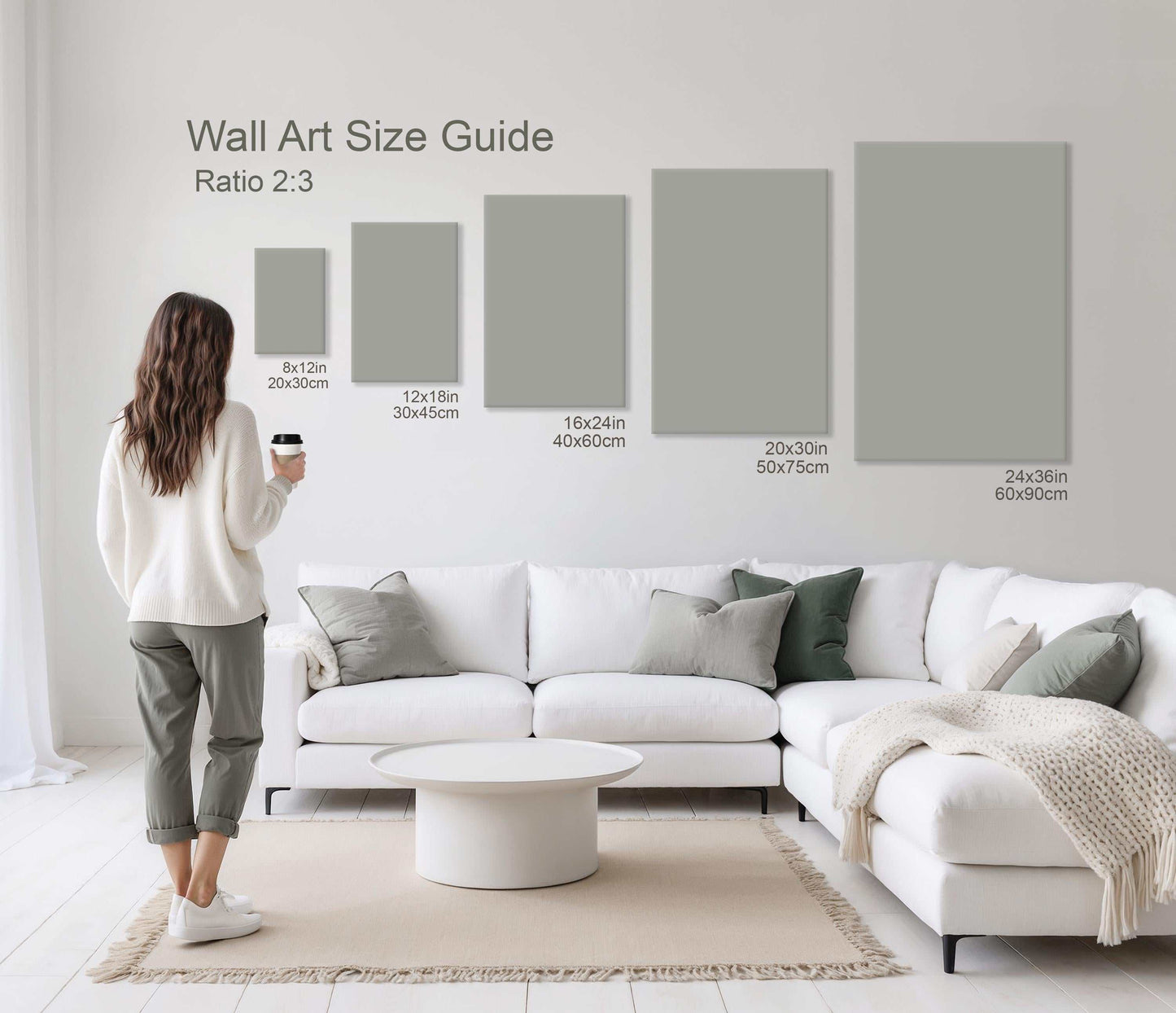 Size guide for Positive Affirmation Wall Art Printable, showing ratio 2:3 on the wall with various dimensions displayed.