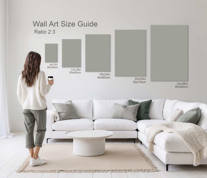 Size guide for Positive Affirmation Wall Art Printable, showing ratio 2:3 on the wall with various dimensions displayed.