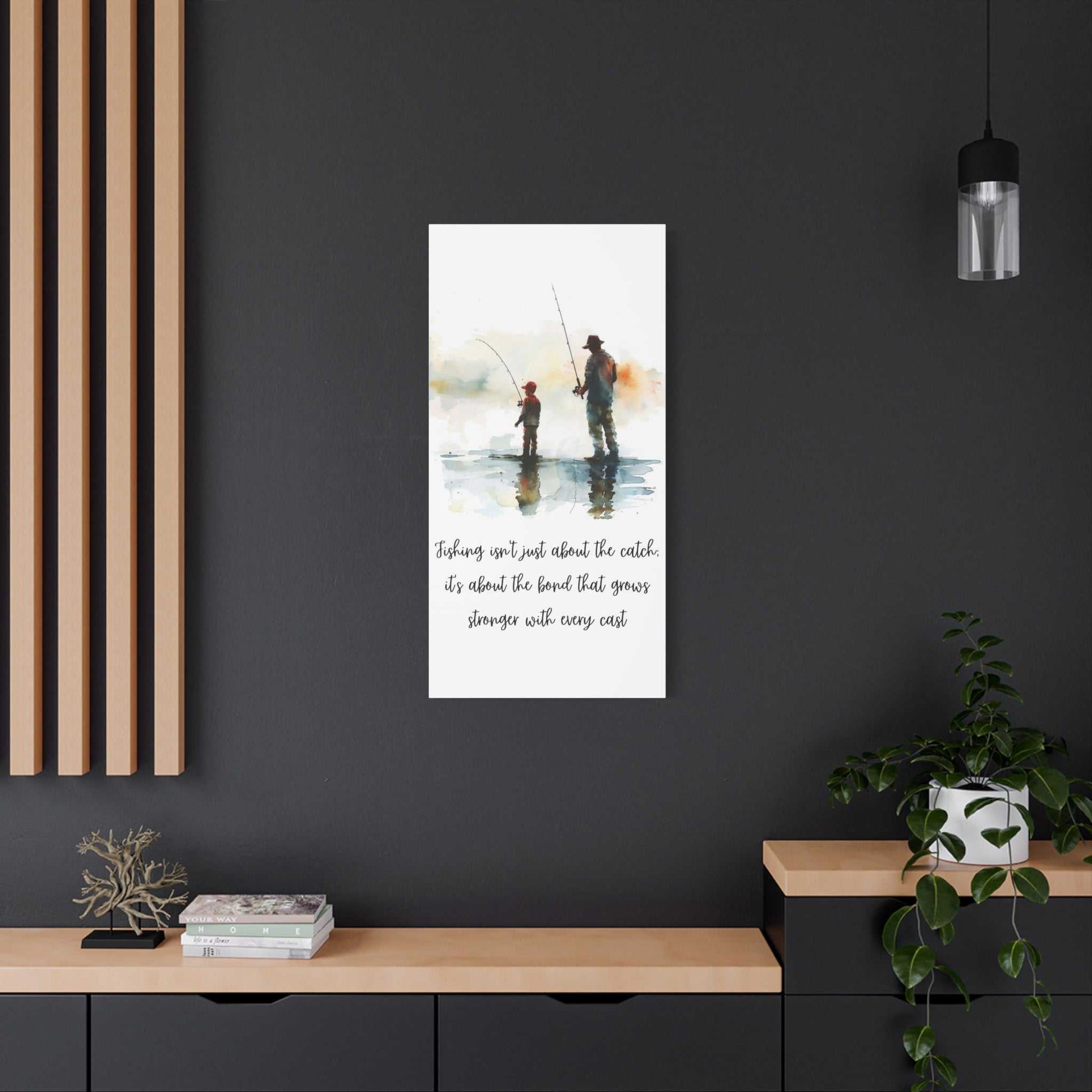 Father and son fishing canvas wall art with sentimental outdoor nature design.