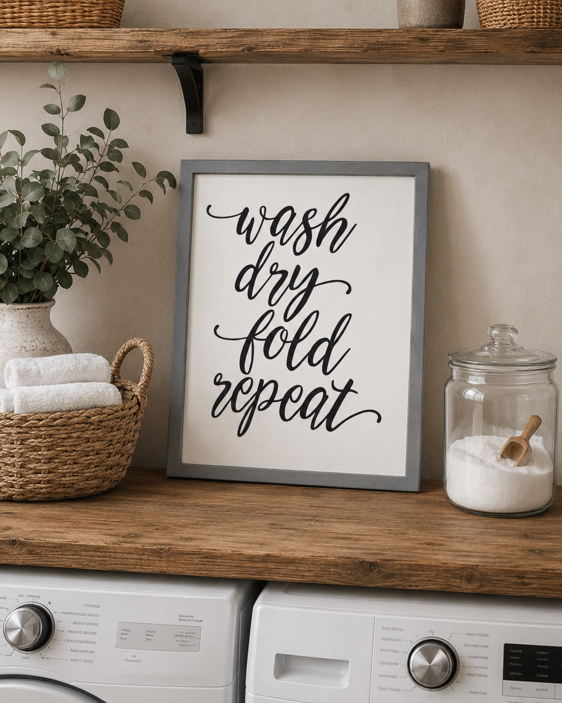Framed print with 'wash dry fold repeat' text on a wooden shelf with laundry items.