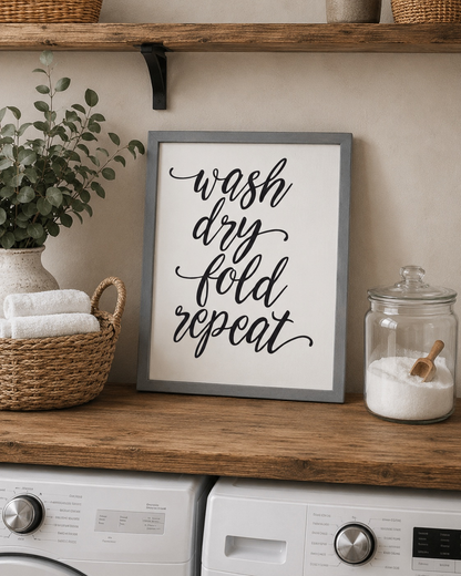 Framed print with 'wash dry fold repeat' text on a wooden shelf with laundry items.