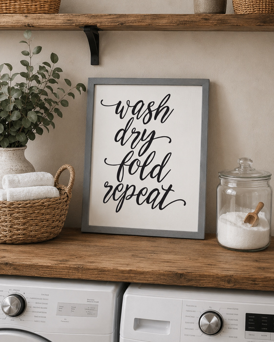 Framed print with 'wash dry fold repeat' text on a wooden shelf with laundry items.