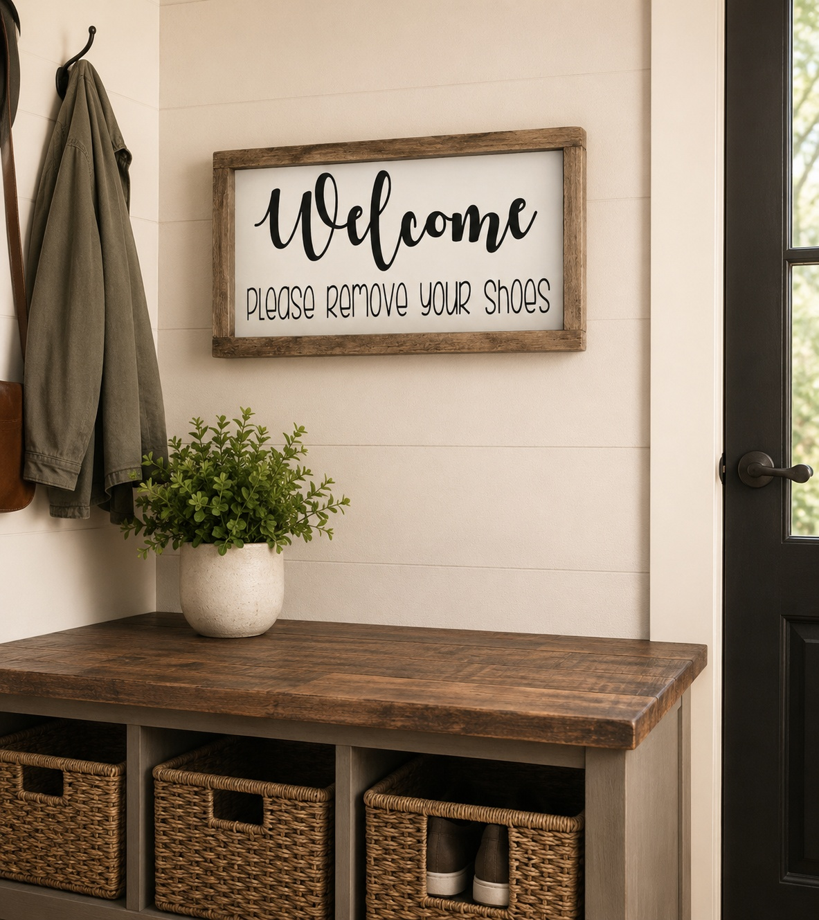Entryway with wooden bench, wicker baskets, potted plant, and framed 'Welcome' sign.