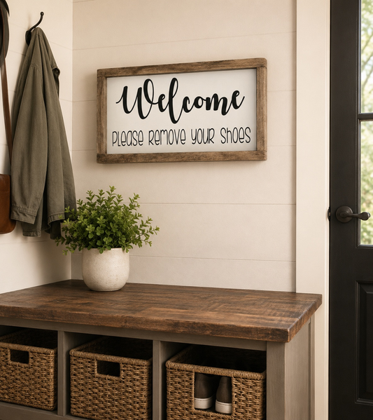 Entryway with wooden bench, wicker baskets, potted plant, and framed 'Welcome' sign.