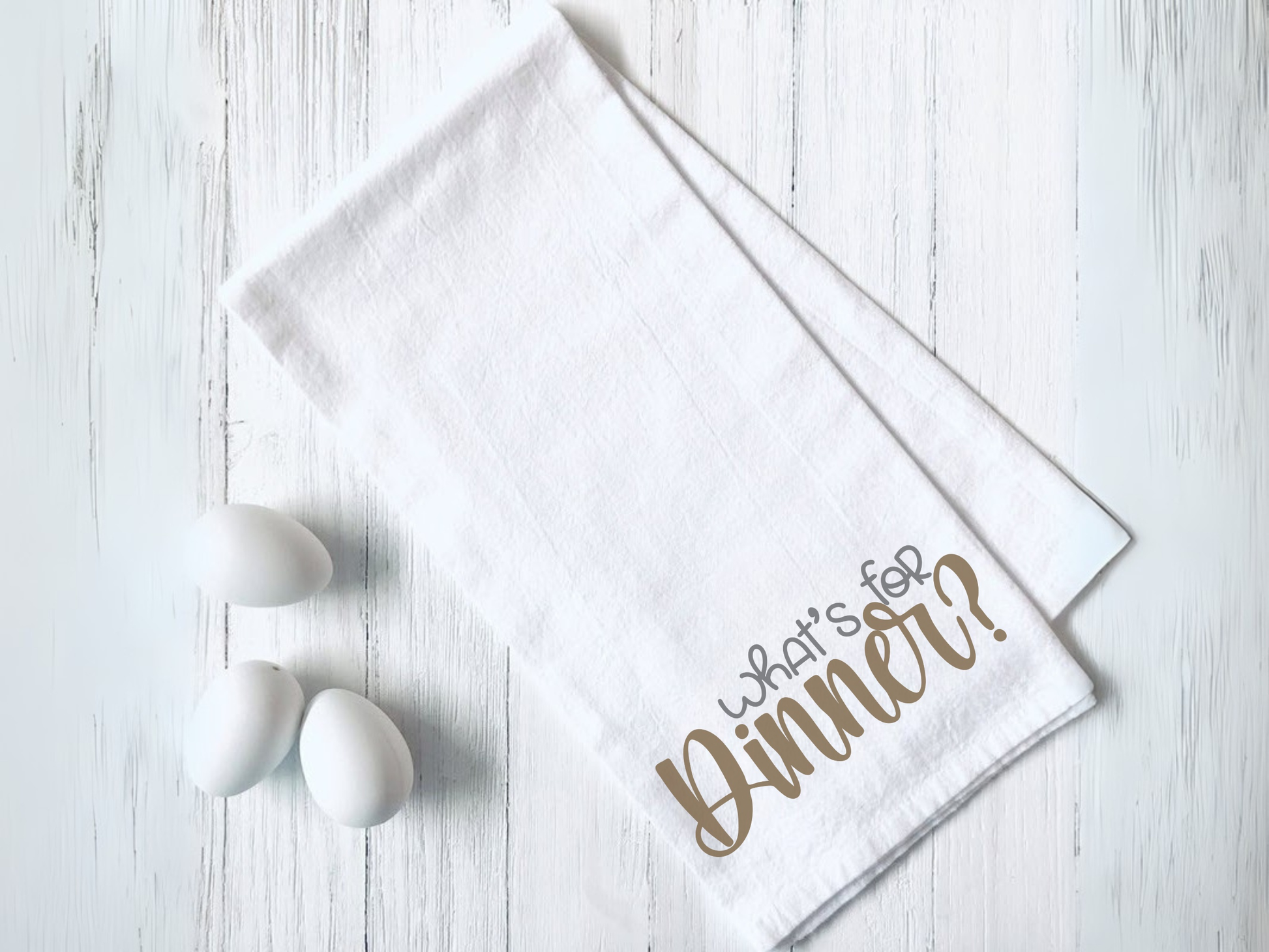 Funny "What's For Dinner" cook tea towel on white flour sack fabric