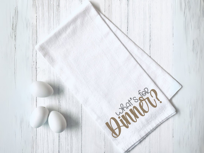 Funny "What's For Dinner" cook tea towel on white flour sack fabric