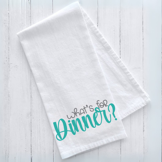 White decorative tea towel with funny "What's For Dinner" saying, perfect cook-themed gift