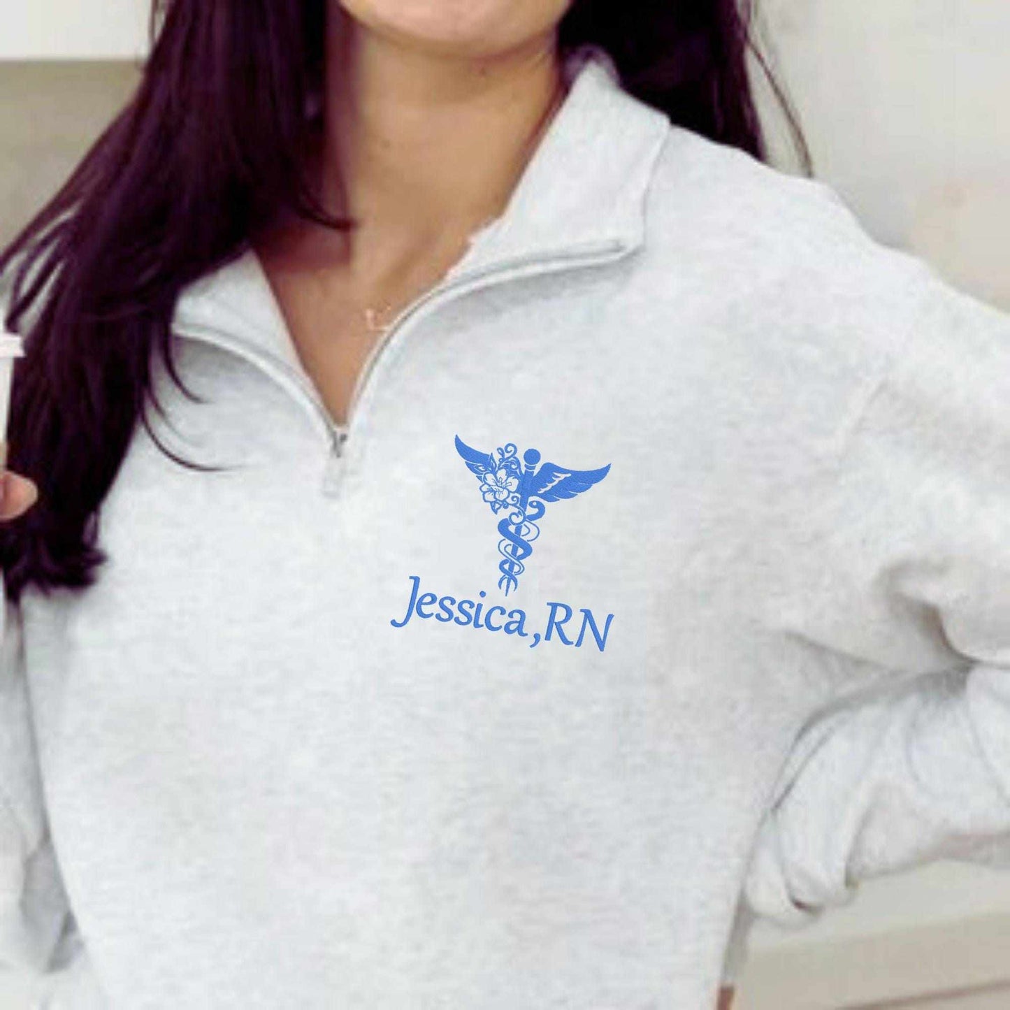 Nurse embroidered quarter zip sweatshirt with custom name and medical symbol