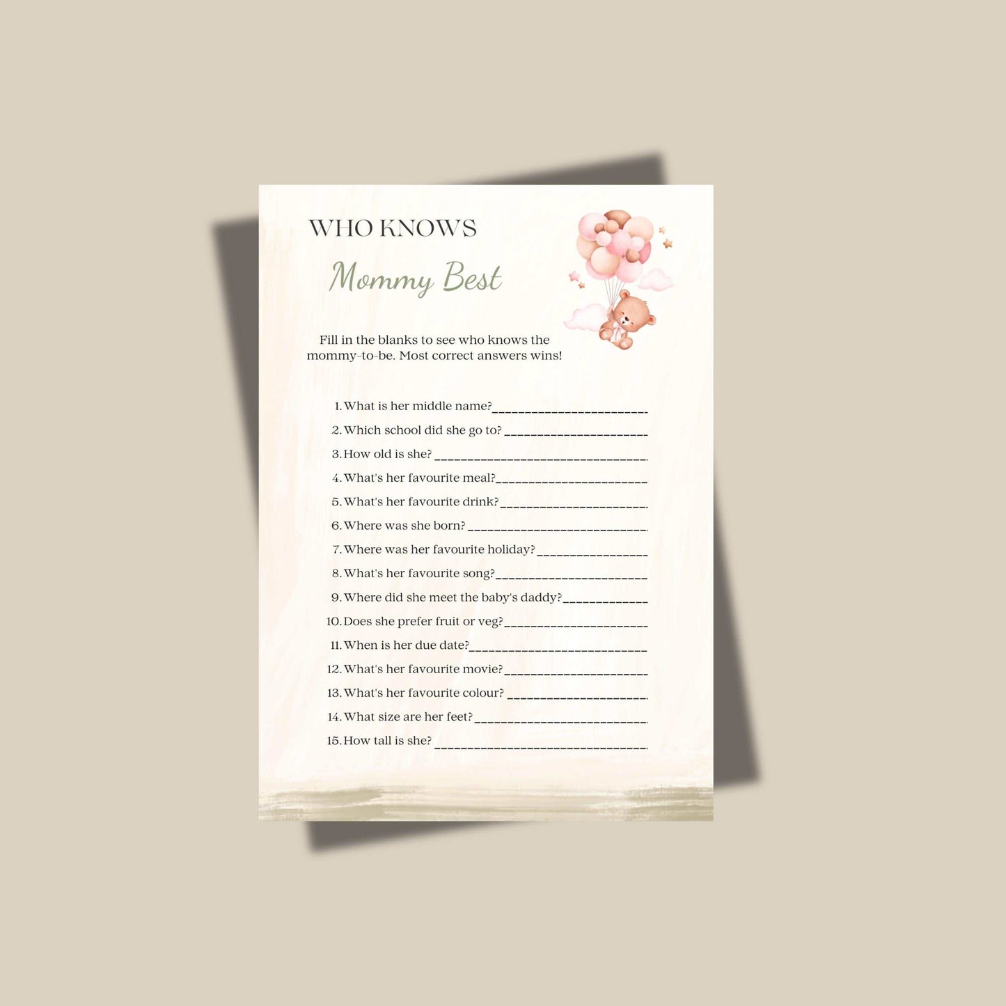 Printable baby shower game card with teddy bear balloon design featuring "Who Knows Mommy