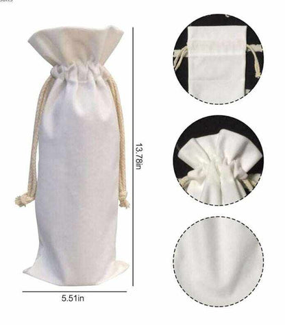 Cotton wine gift bag with drawstring, featuring "It's Always Wine O'Clock" design in black and wine-red lettering. Eco-friendly and reusable.