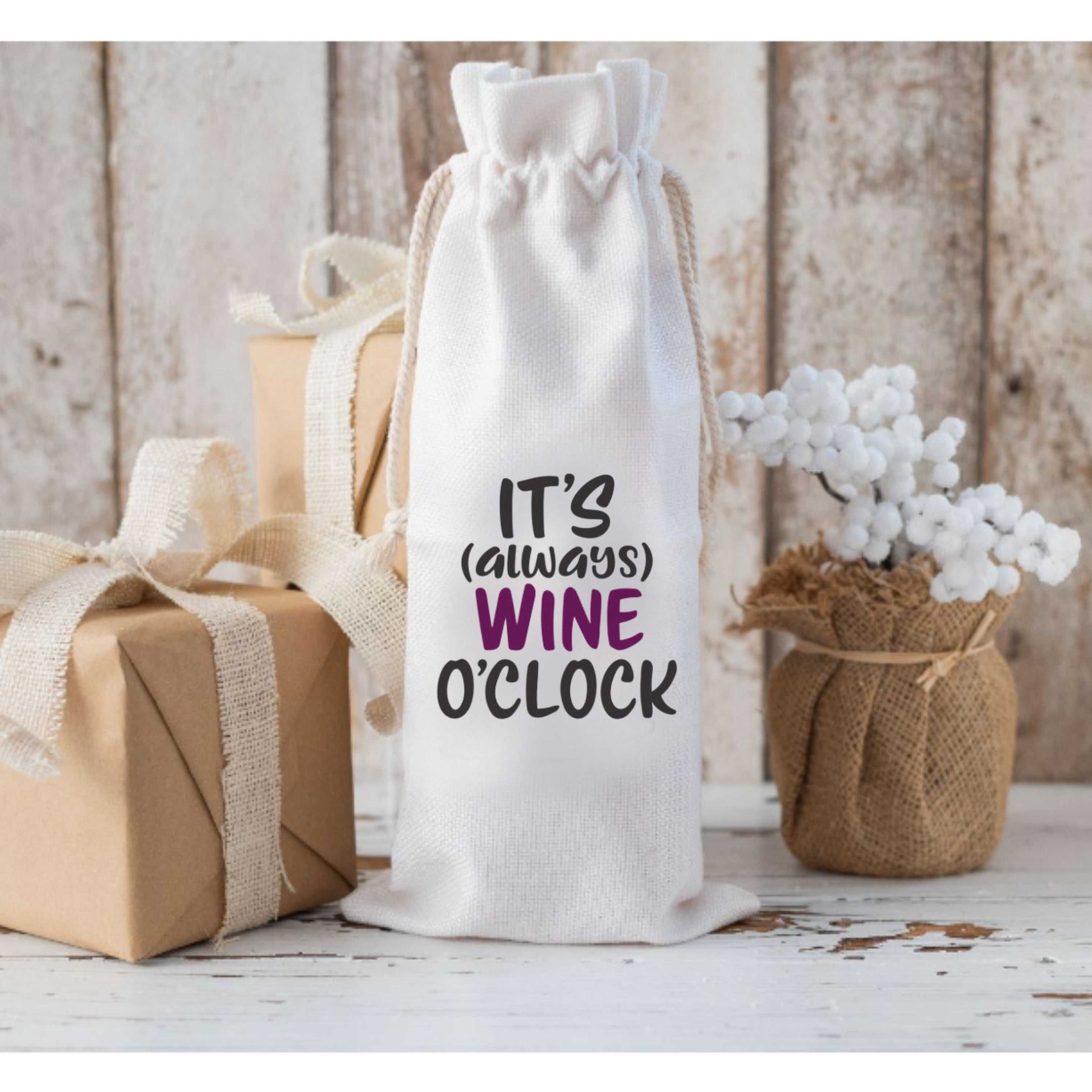 Wine gift bag with "It's Always Wine O'Clock" design, cotton drawstring, eco-friendly and reusable.