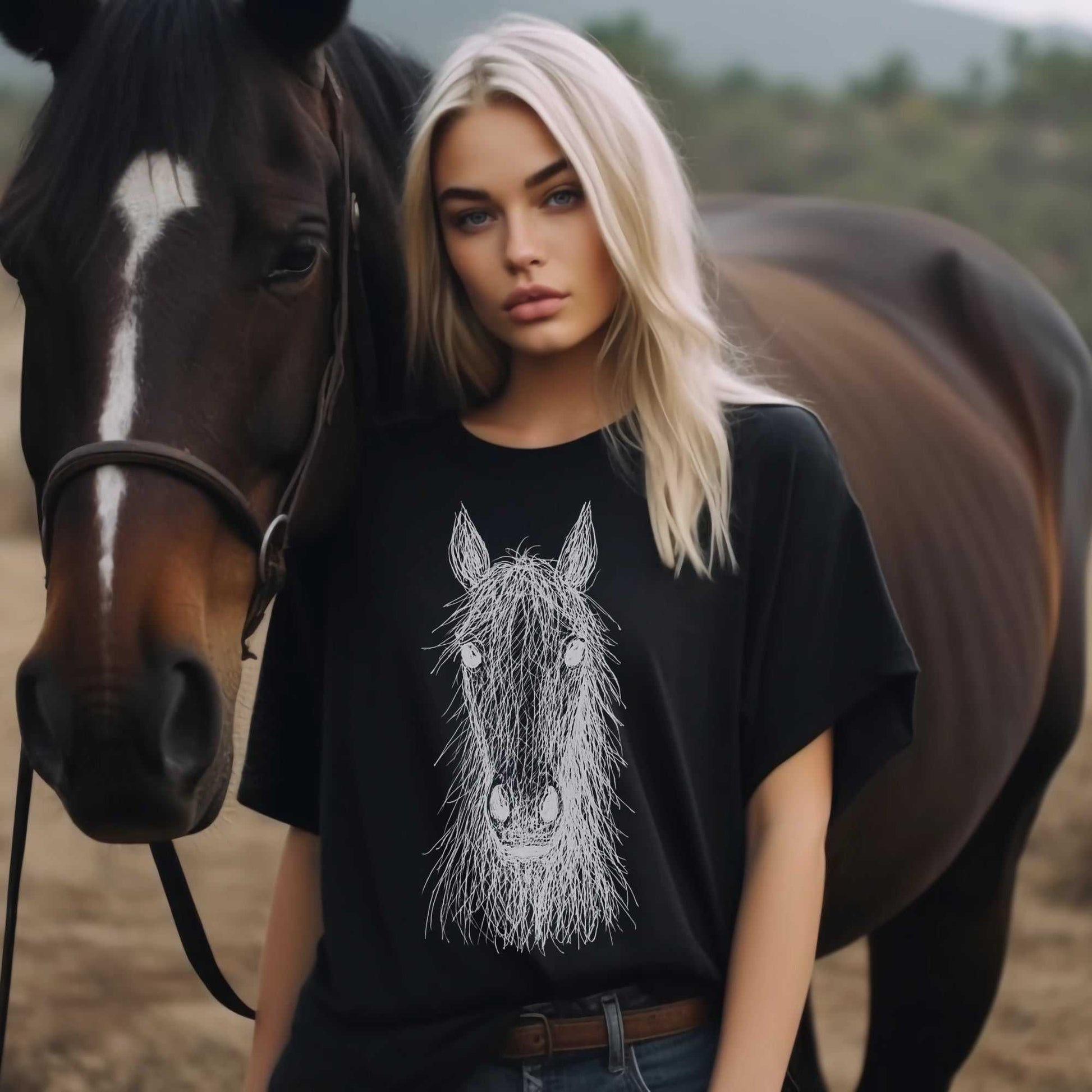 Woman wearing a black t-shirt with a horse graphic, standing next to a horse in an outdoor setting.
