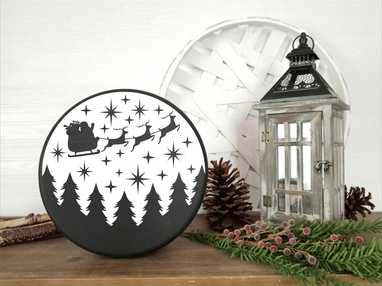 Handmade wood sign featuring Santa and sleigh silhouette, rustic holiday decor.