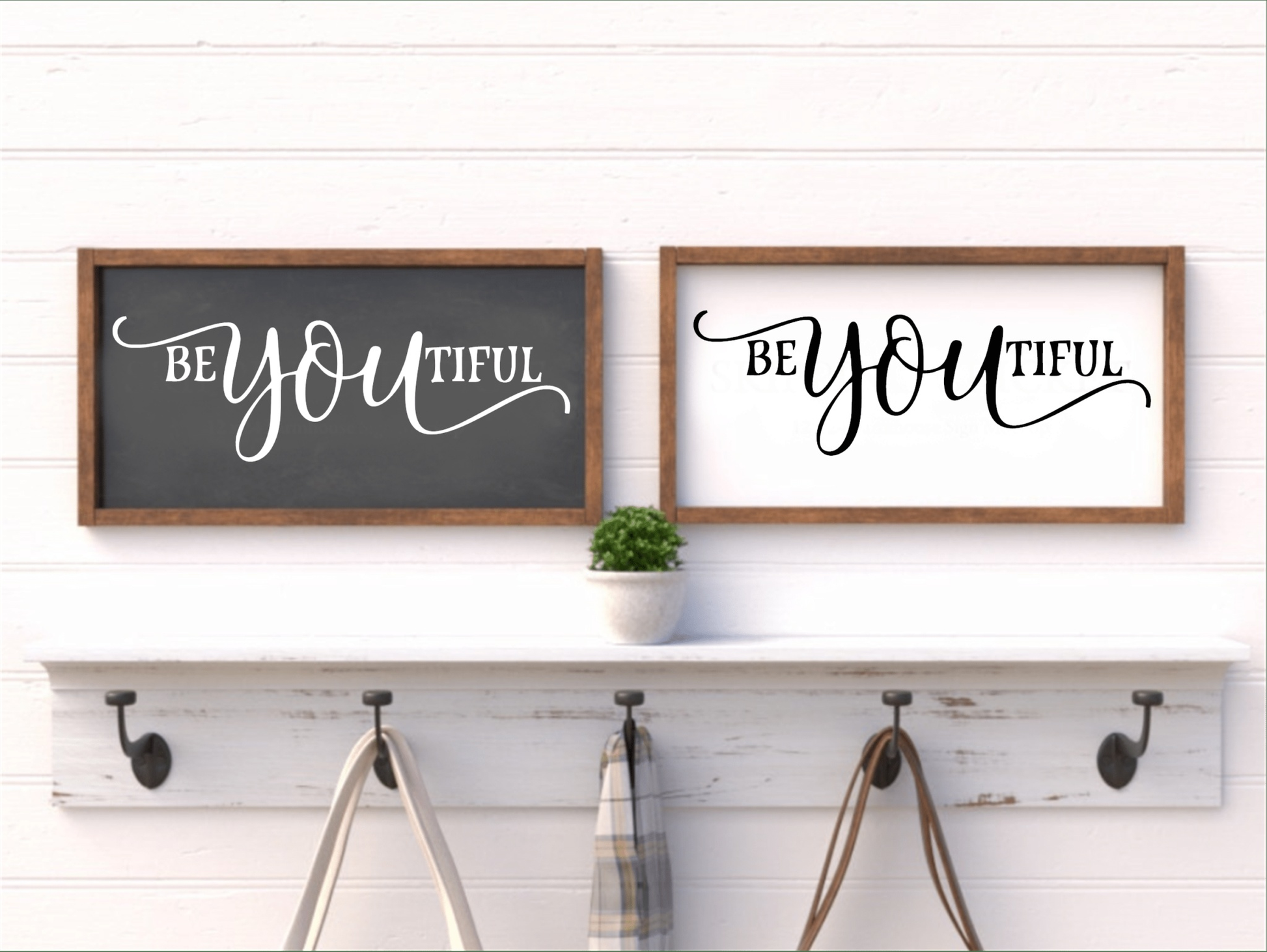 Be You Tiful framed wood sign with rustic finish and customizable options, available in chalk black or white background.