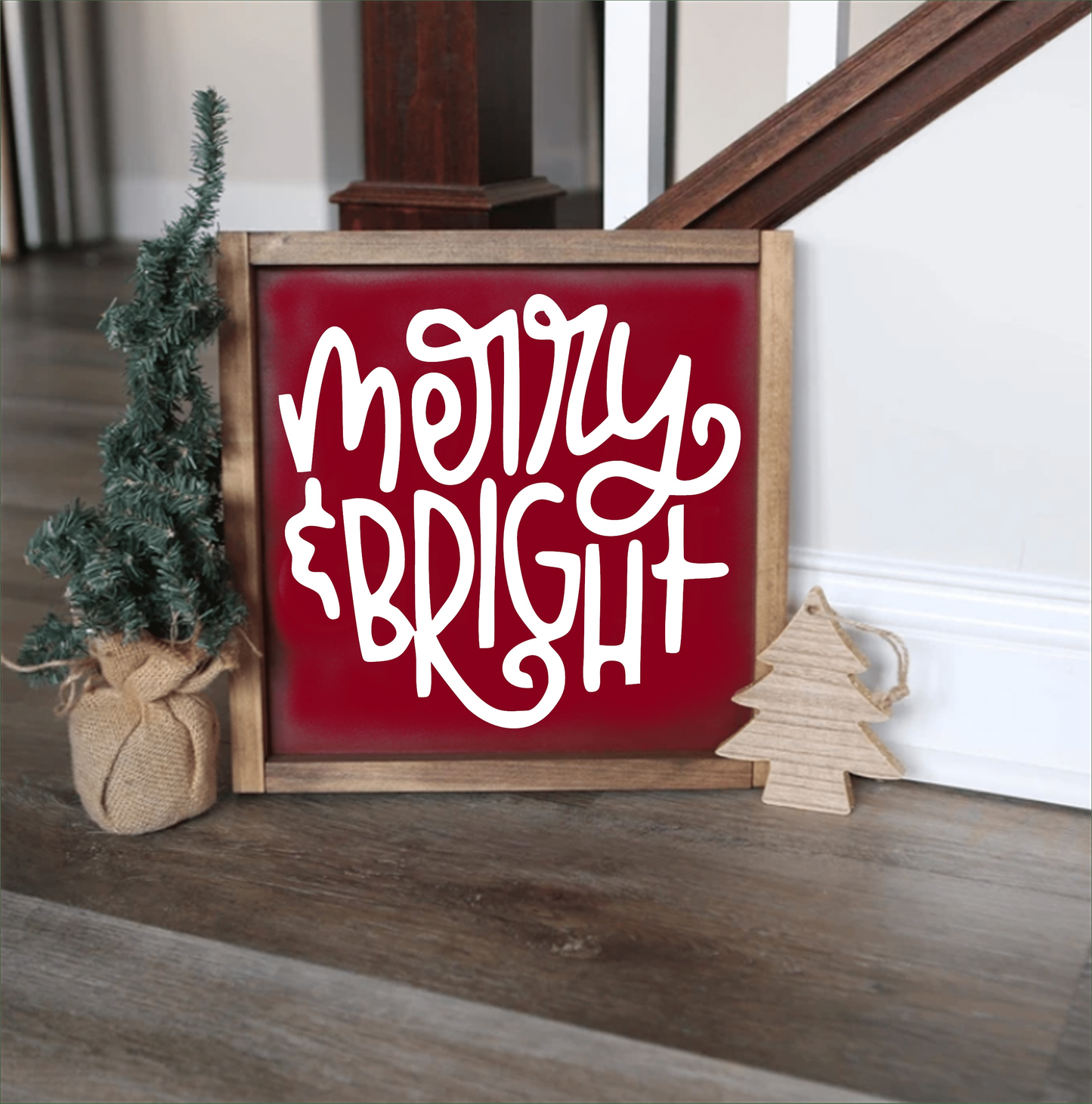 Handmade wooden "Merry & Bright" sign with rustic stain finish, customizable colors for holiday decor.