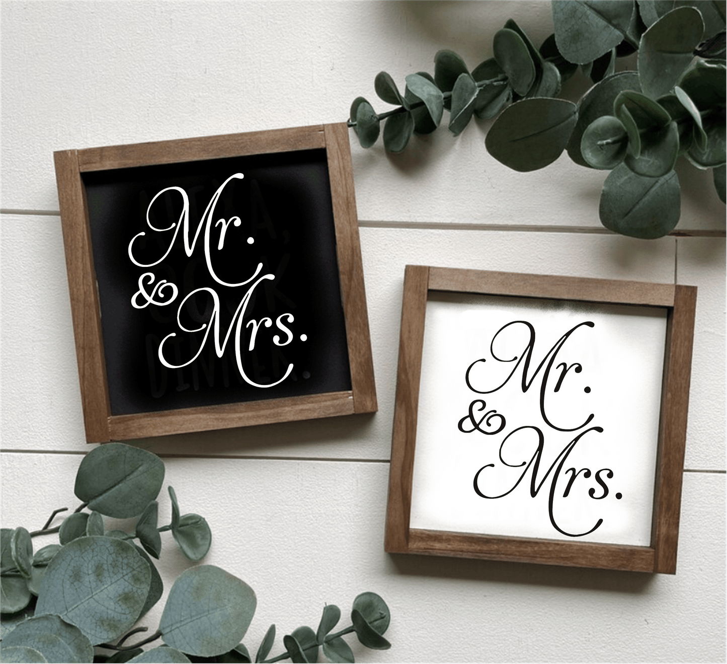 Handcrafted "Mr and Mrs" framed wood signs in black and white backgrounds with leafy decor.