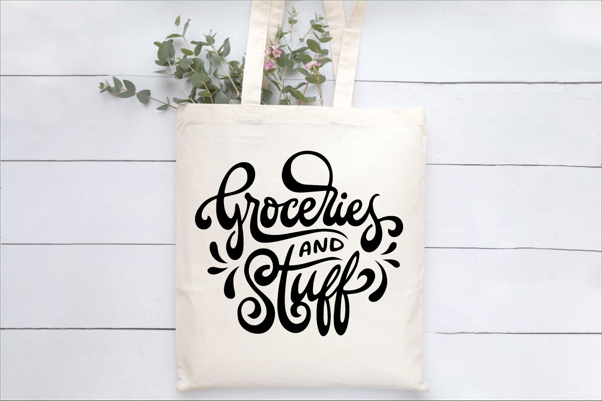 Reusable cotton tote bag with "Groceries and Stuff" design.