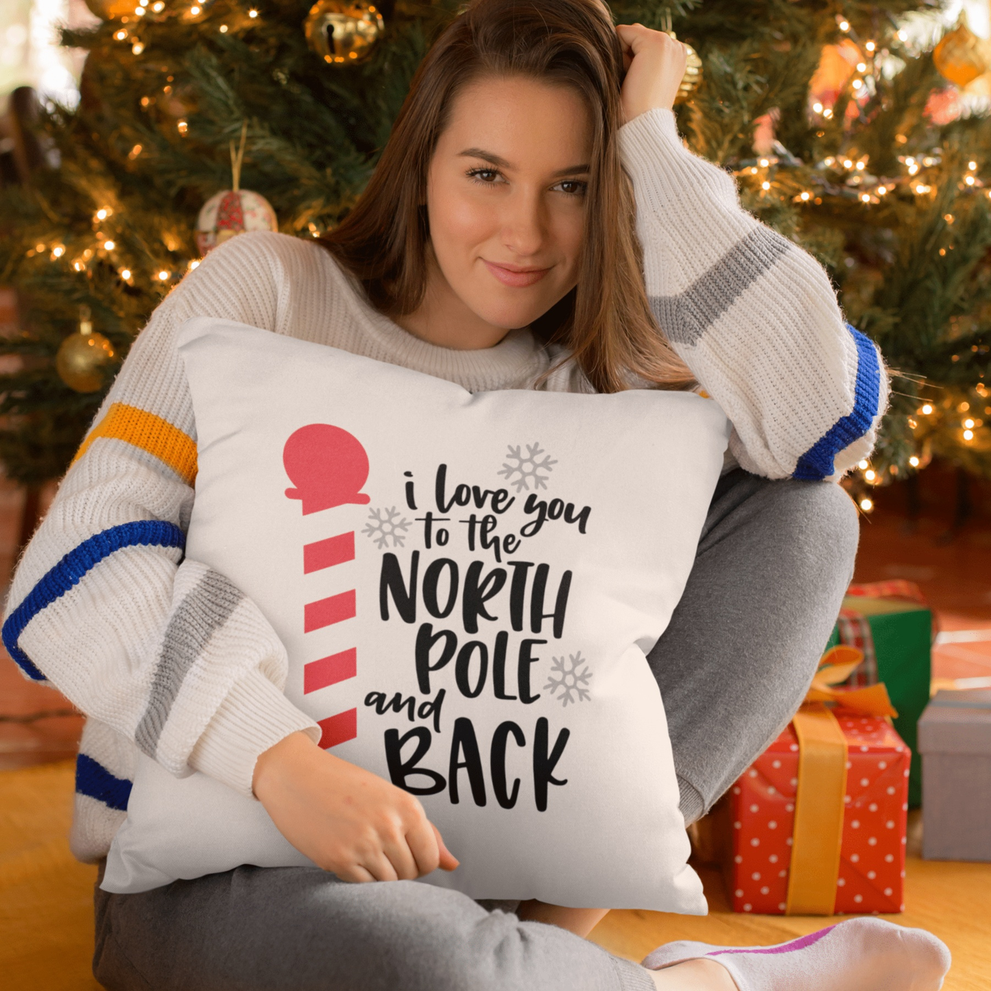 Cotton pillow cover with "I Love You to the North Pole and Back" design, Christmas decor.