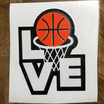 Love Basketball vinyl car decal with basketball and hoop design, durable and weatherproof.
