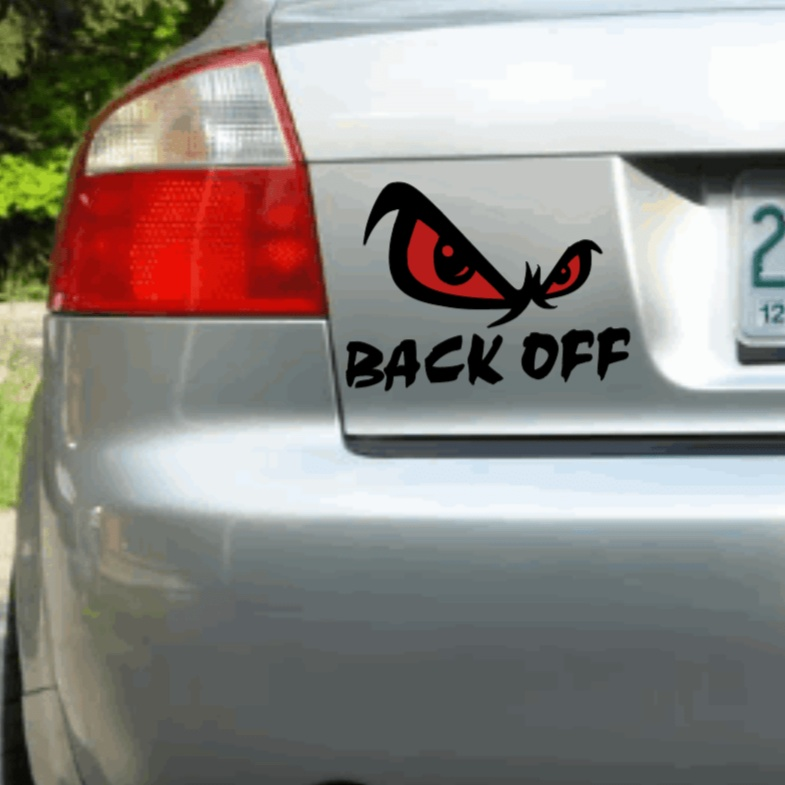 Back off car sticker vinyl decal on a vehicle bumper.