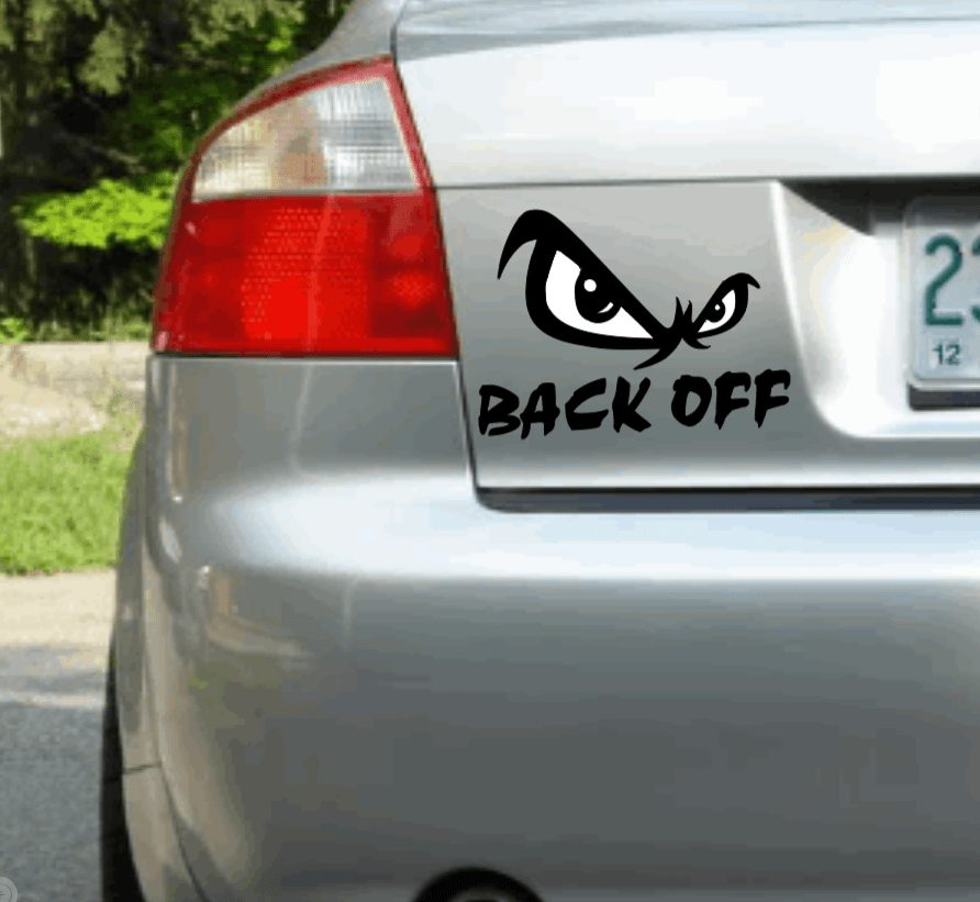 Back Off vinyl car sticker on a silver vehicle bumper.