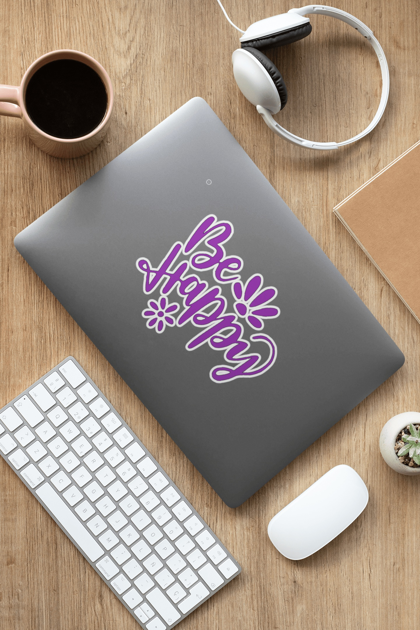 Be Happy vinyl sticker decal on laptop; durable, long-lasting, easy to apply.