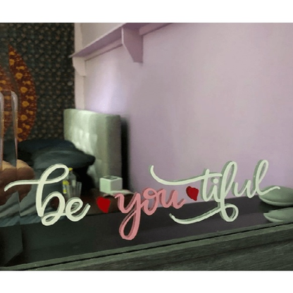 Be-you-tiful vinyl decal on mirror, decorative, permanent, 9x3 inches.